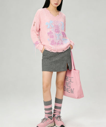 HOOK for girls　フリンジリボン柄 透かし編みサマーニット