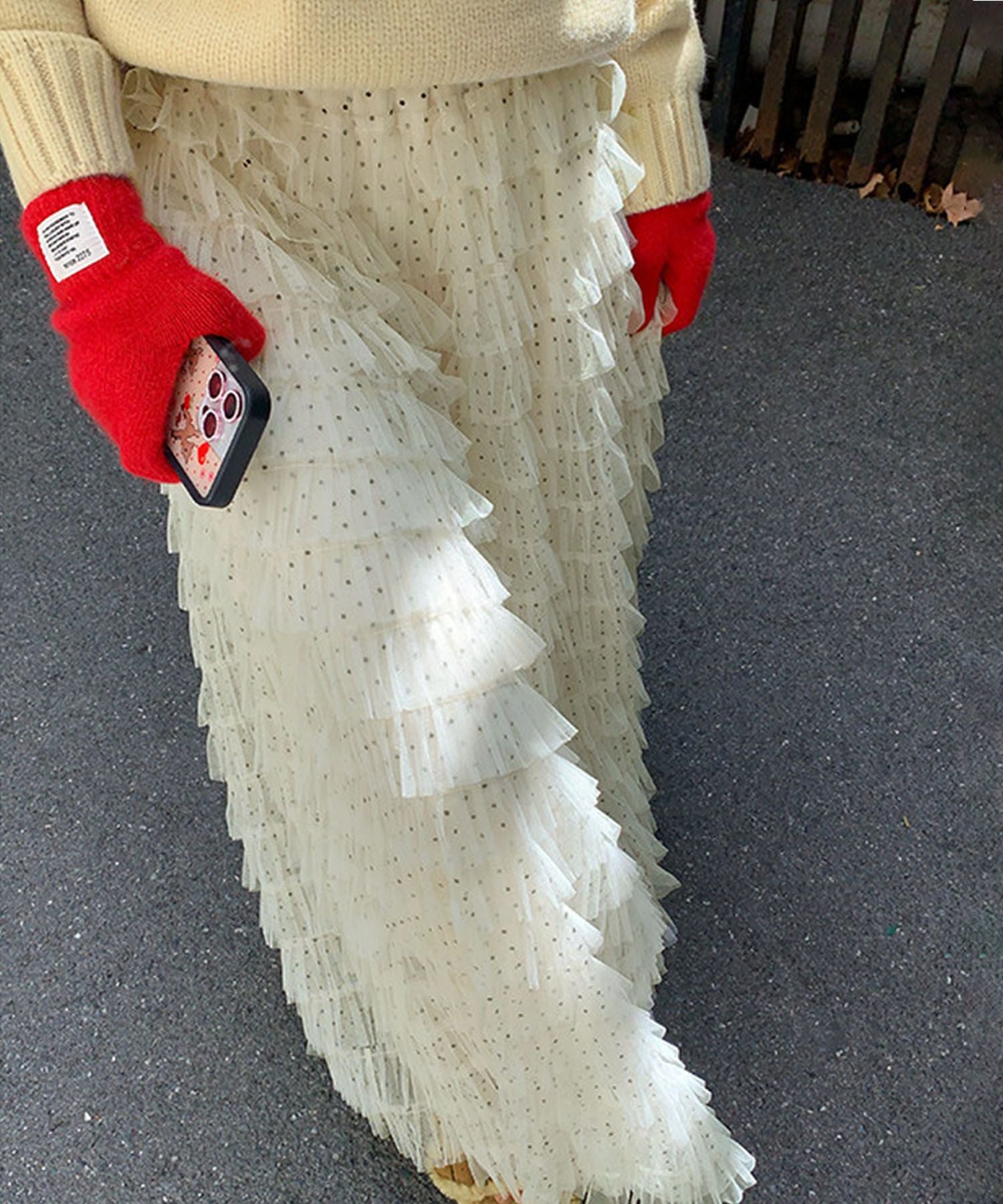ドット柄プリーツレイヤード フレアスカート
