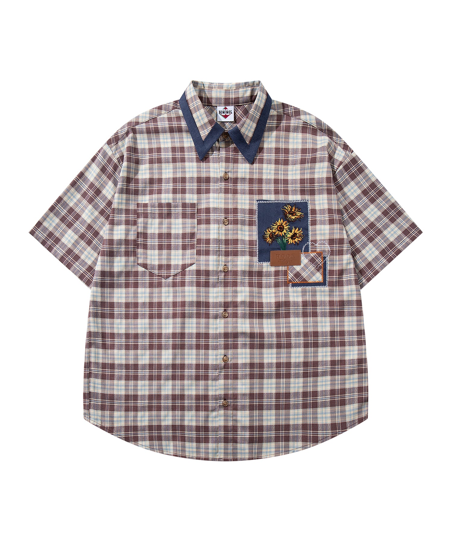 HOOK -original- Retro Multi-Check Patchwork Sunflower Embroidered Short-Sleeve Shirt