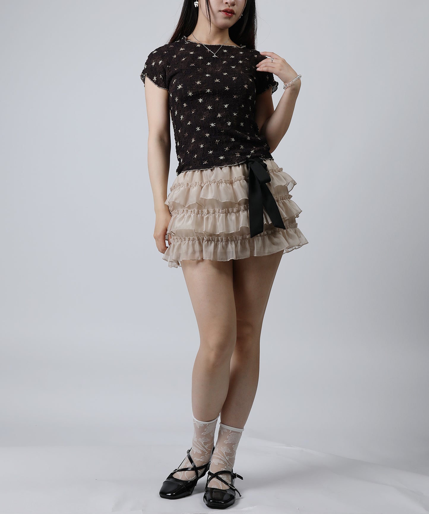 HOOK for girls バブルシフォン総柄クロップドトップス