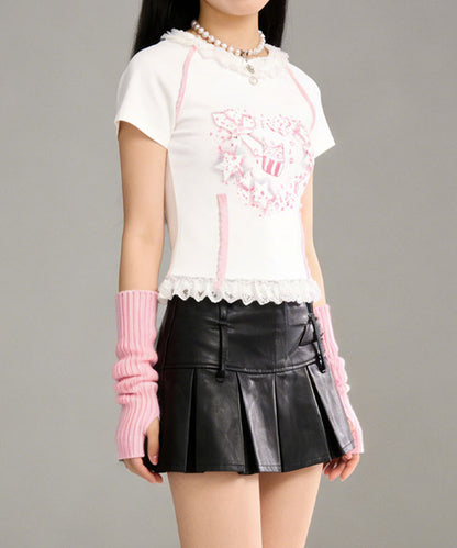 HOOK for girls　リボン×プリント レースTシャツ