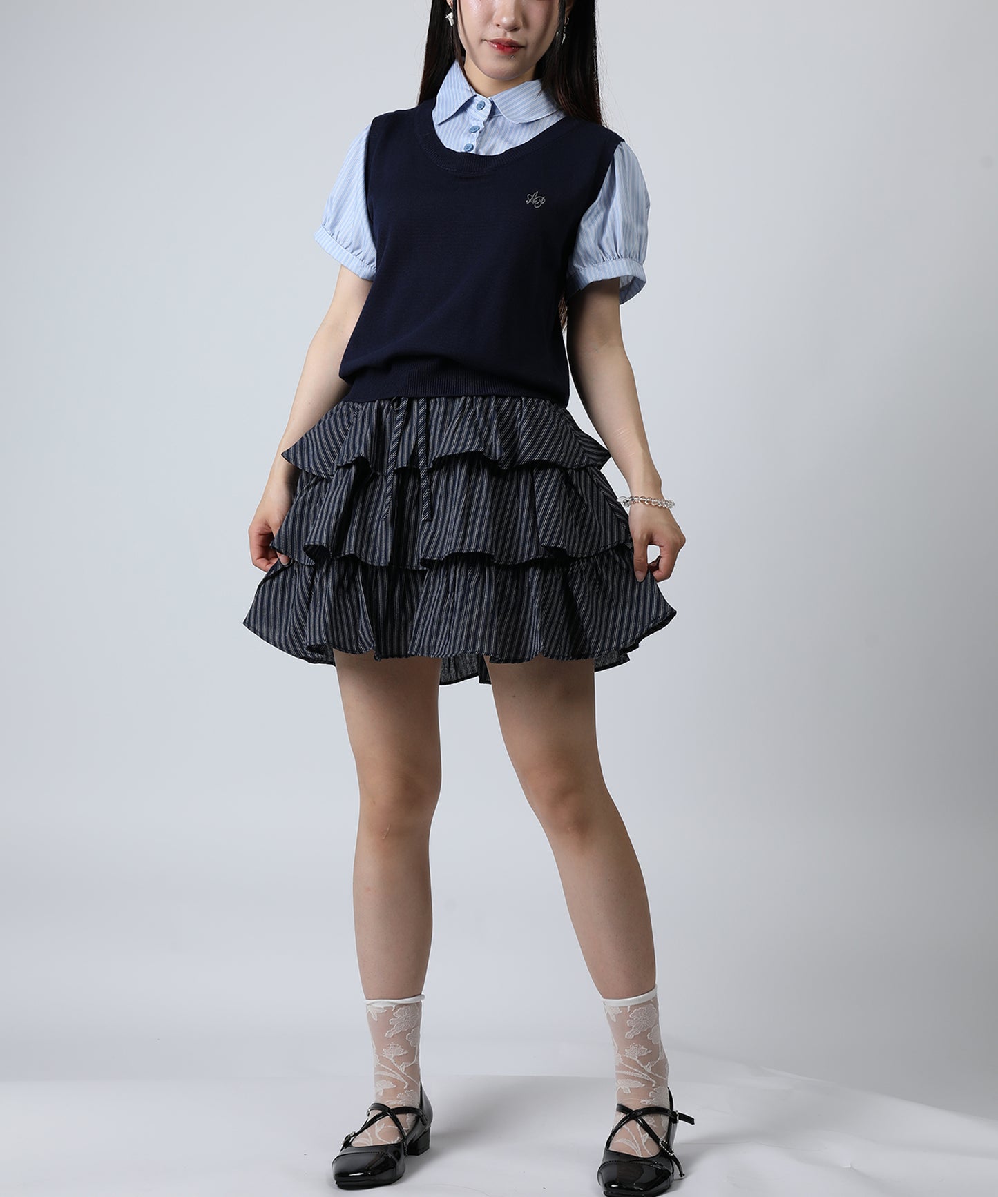HOOK for girls　ストライプティアードフリルミニスカート