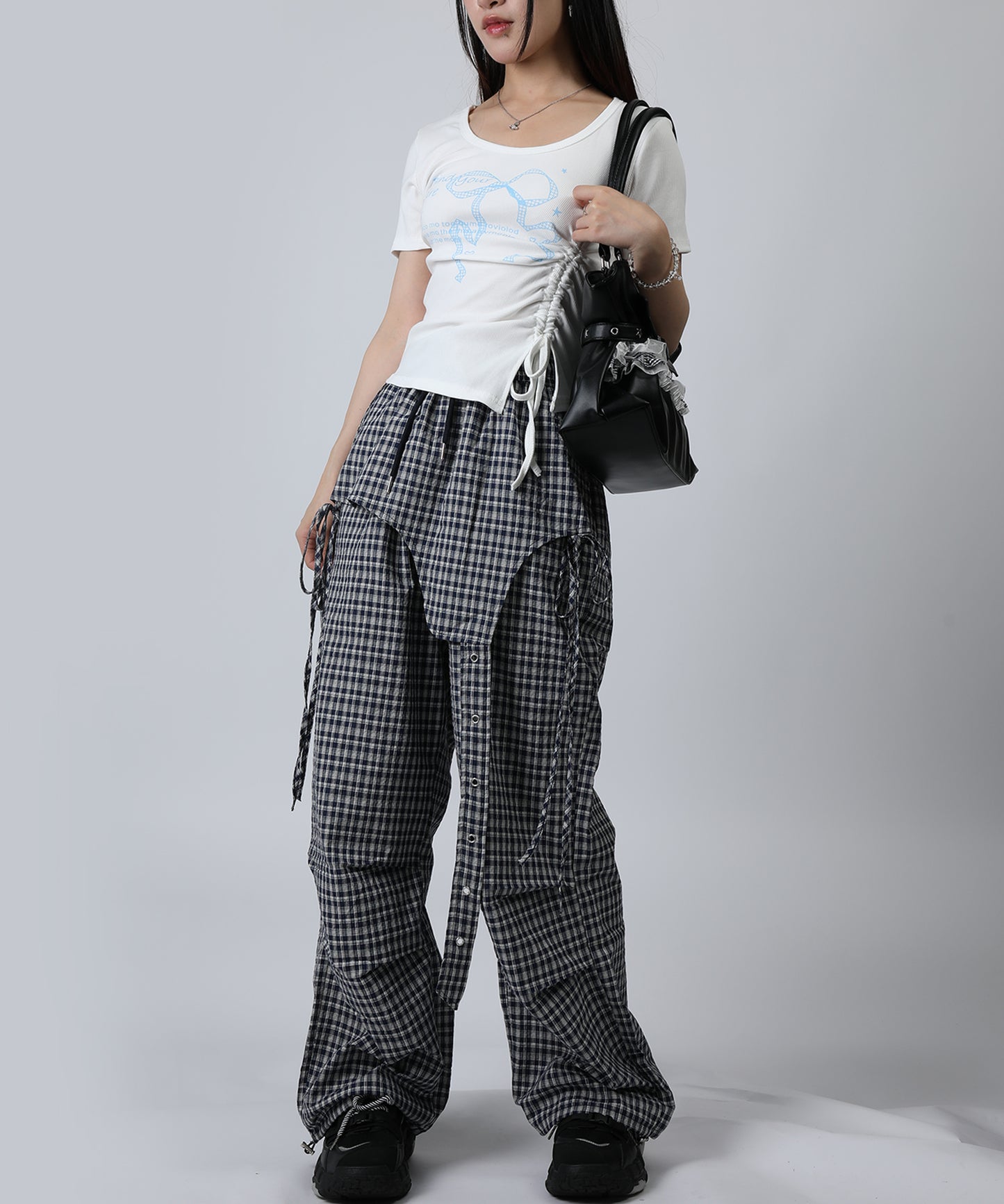 HOOK for girls リボングラフィック × サイドギャザー コンパクトストリートT