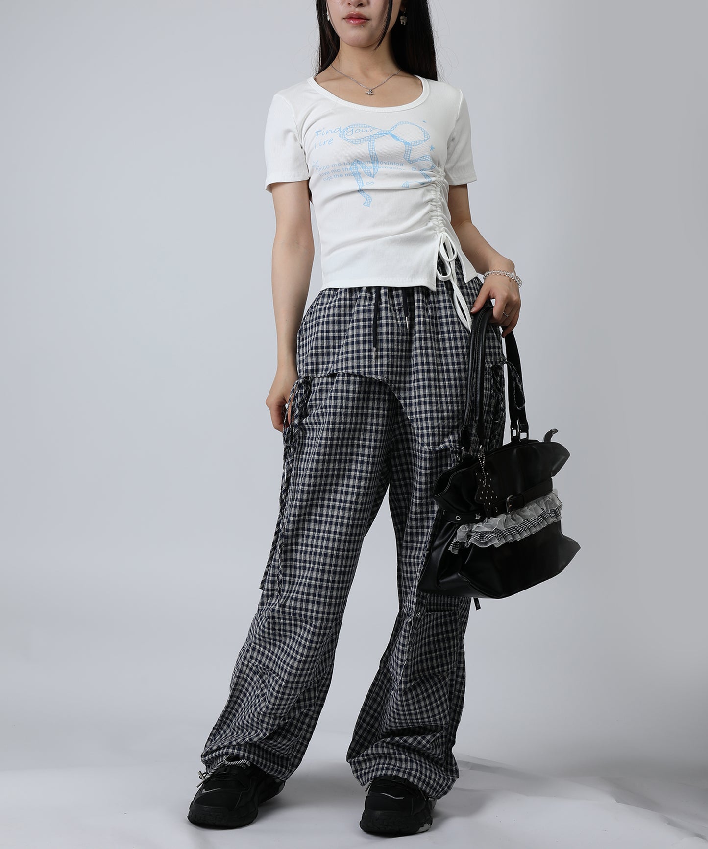 HOOK for girls リボングラフィック × サイドギャザー コンパクトストリートT