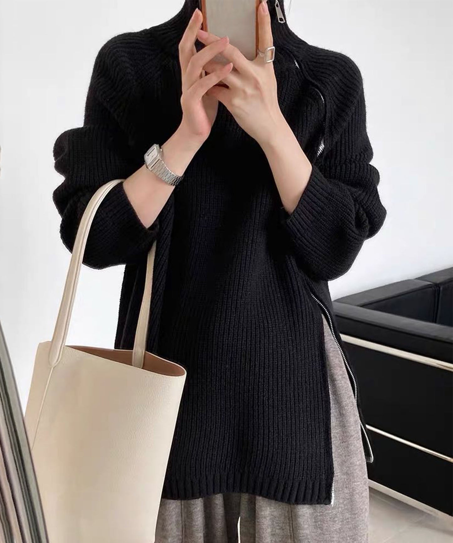 斜めファスナー アシンメトリーニットトップス（ダブルジップ仕様）