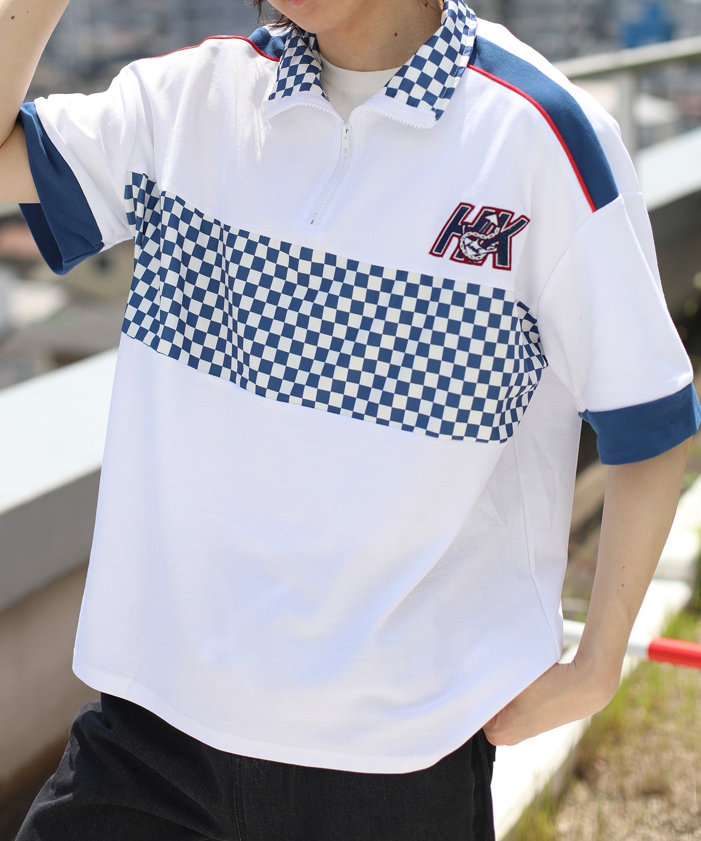 [HOOK -original-] Racing style block check switching short sleeve half zip