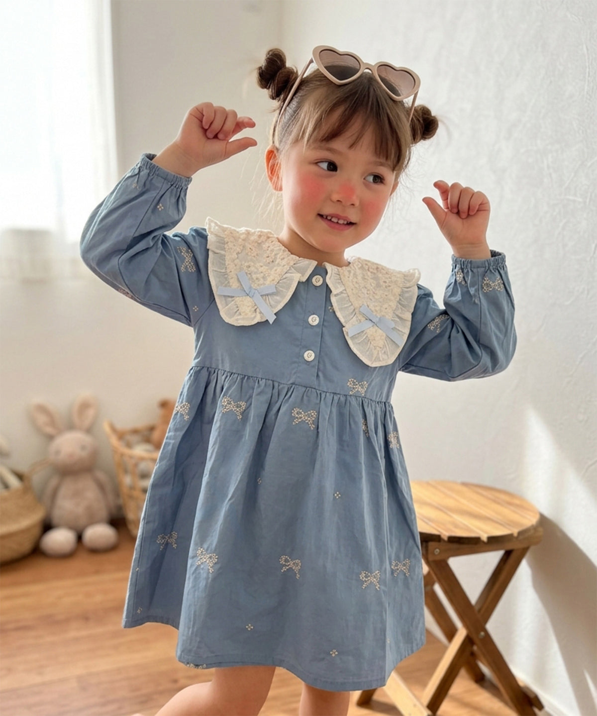 【aimoha KIDS】【90-130cm】レース襟リボン刺繍ワンピース
