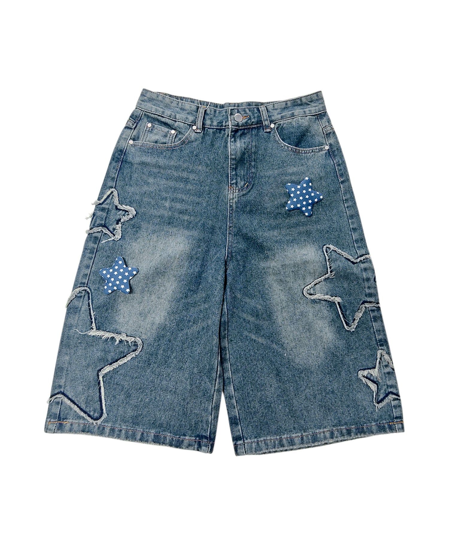 HOOK　スター刺繍×ブローチ カットオフ デニムショーツ ワイドハーフパンツ Y2K ユニセックス ストリート