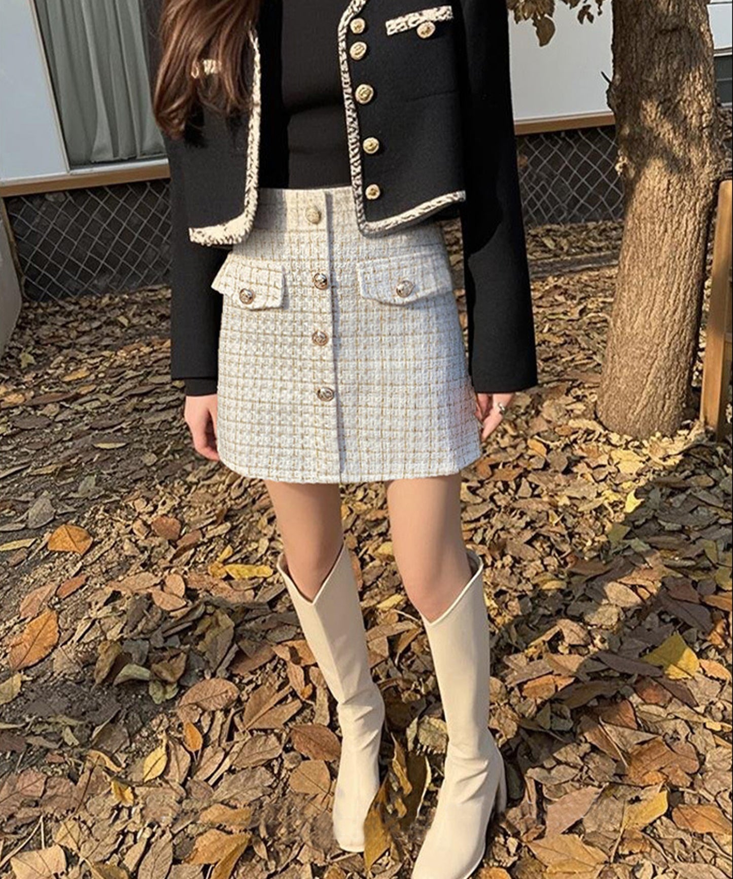 【Jasmine】ツイードフロントボタンミニスカート