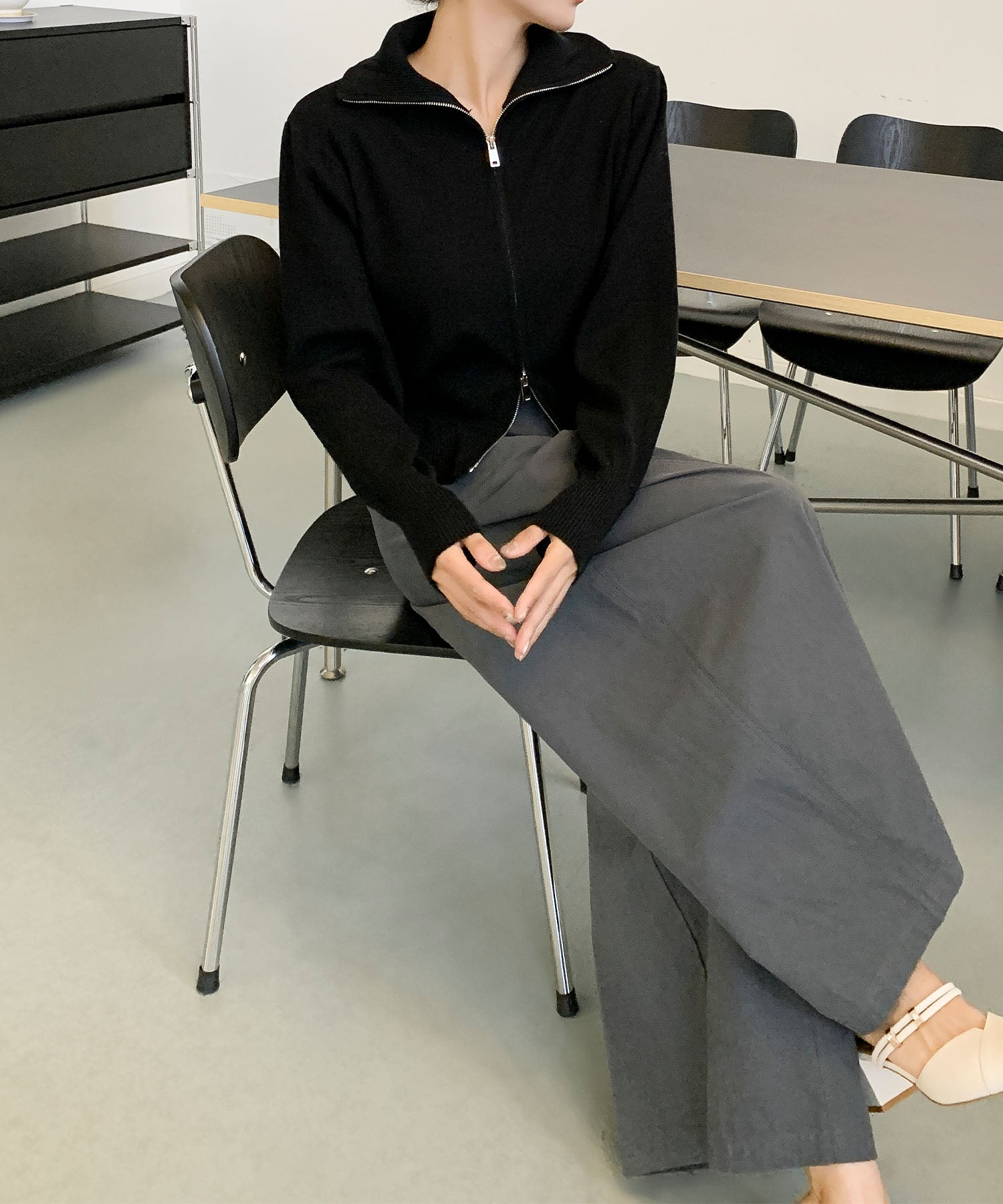 aimoha/ダブルジップ 無地ニットパーカー