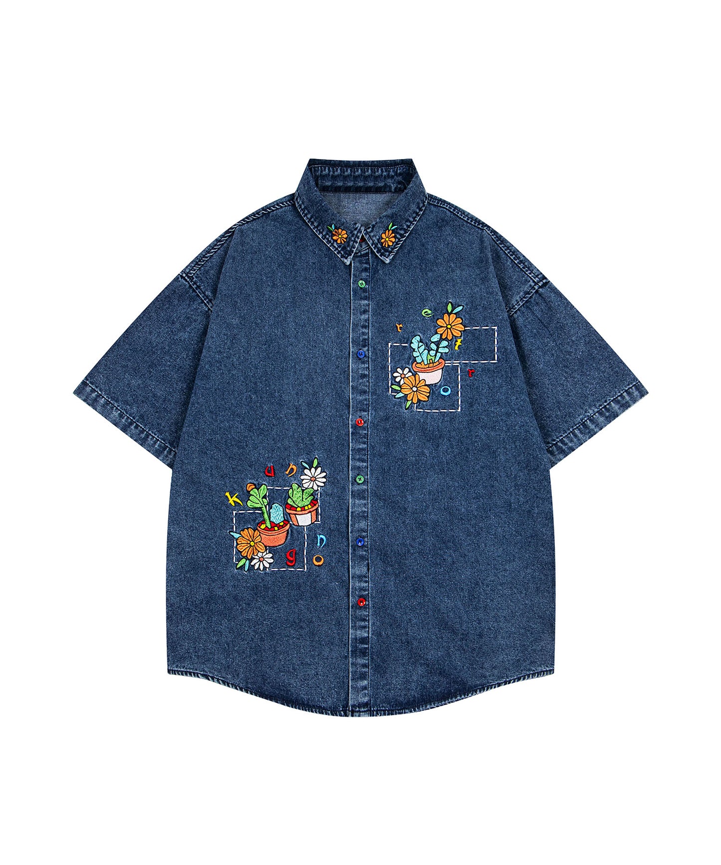 HOOK フラワーポット刺繍 × カラーボタン デニムシャツ ビッグシルエット