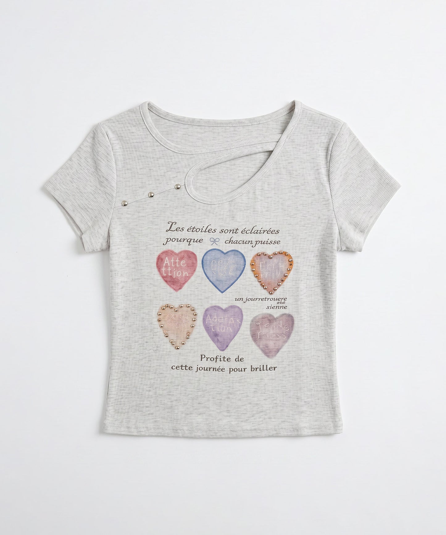 HOOK for girls 胸元デザイン × ハートスタッズプリント　クロップド 半袖 Tシャツ