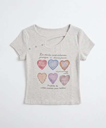 HOOK for girls 胸元デザイン × ハートスタッズプリント　クロップド 半袖 Tシャツ