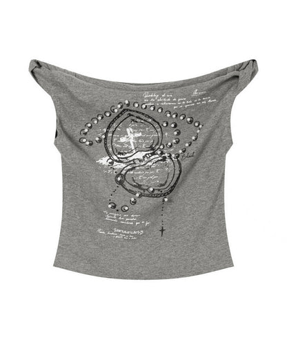HOOK for girls クロス柄グラフィック オフショルダークロップドTシャツ