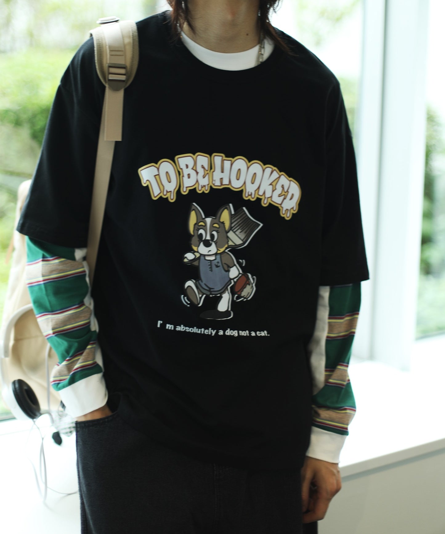 [HOOK -original-] Cute cartoon print border switching sleeve TEE