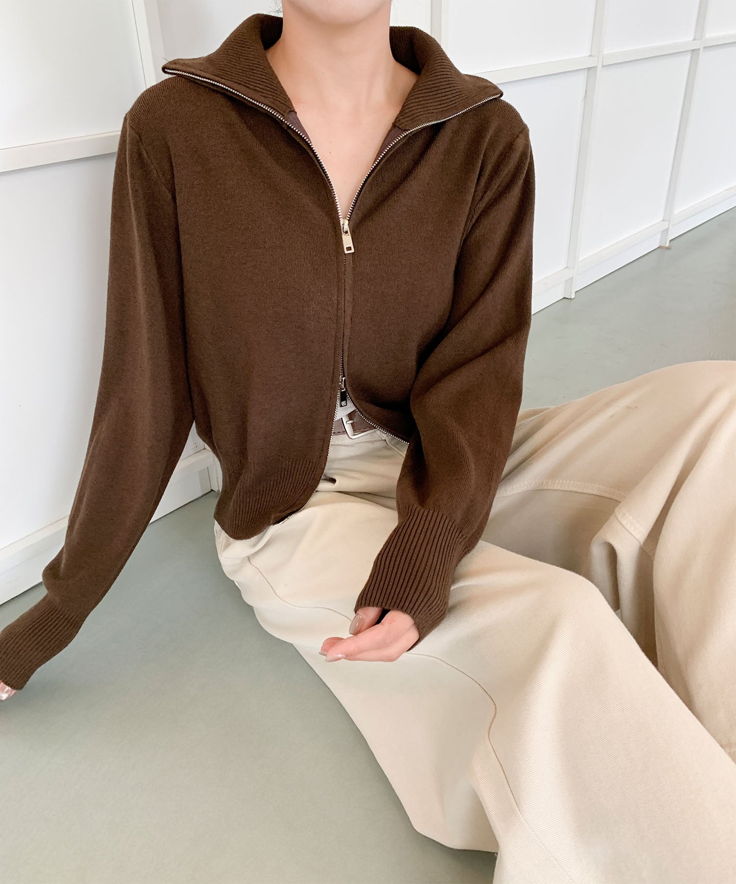 aimoha/ダブルジップ 無地ニットパーカー