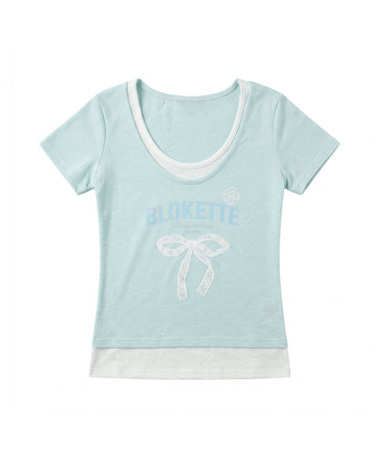 HOOK for girls　リボンロゴプリント レイヤード風UネックTシャツ