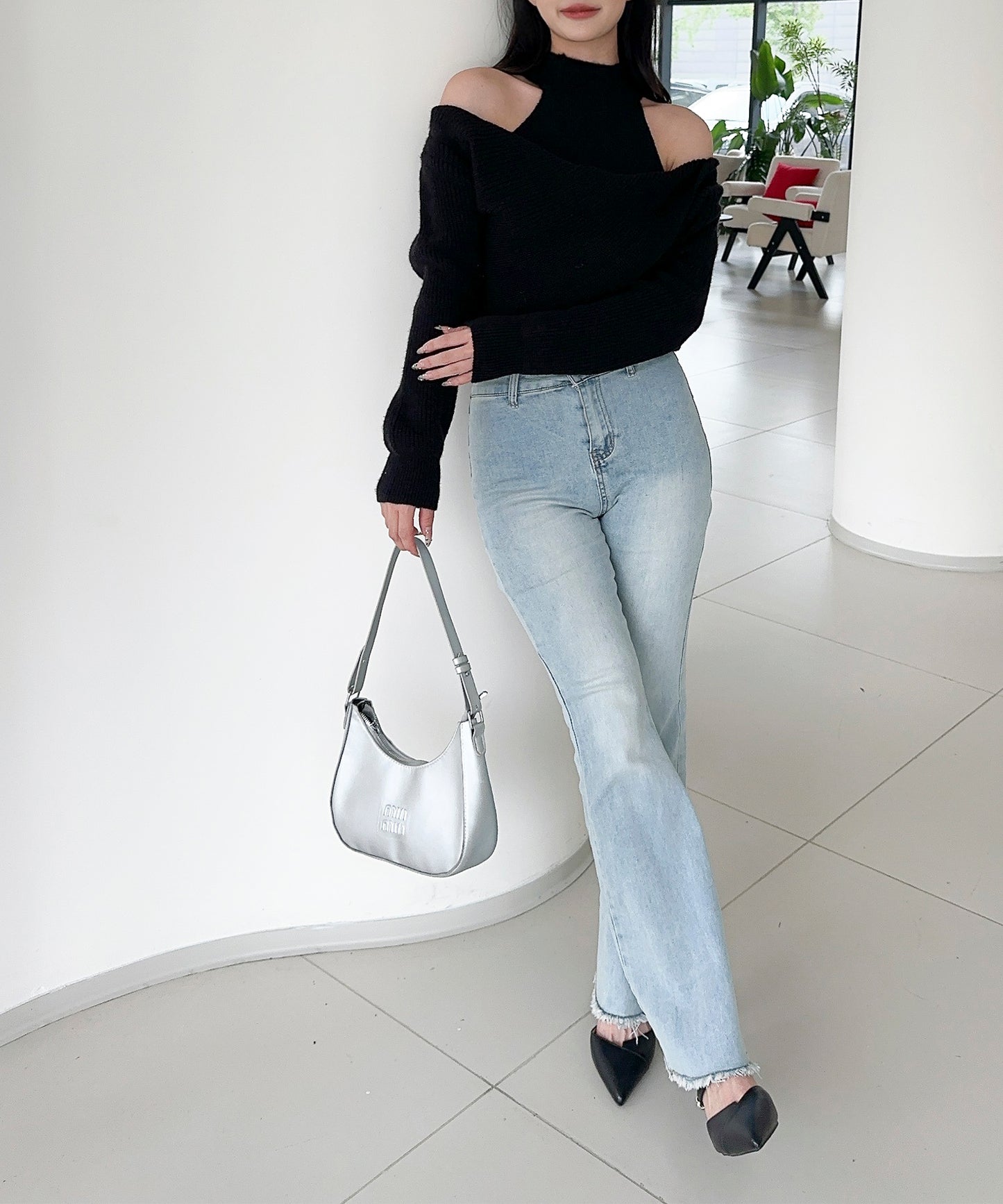 【Jasmine】ハイネック肩見せニットプルオーバー