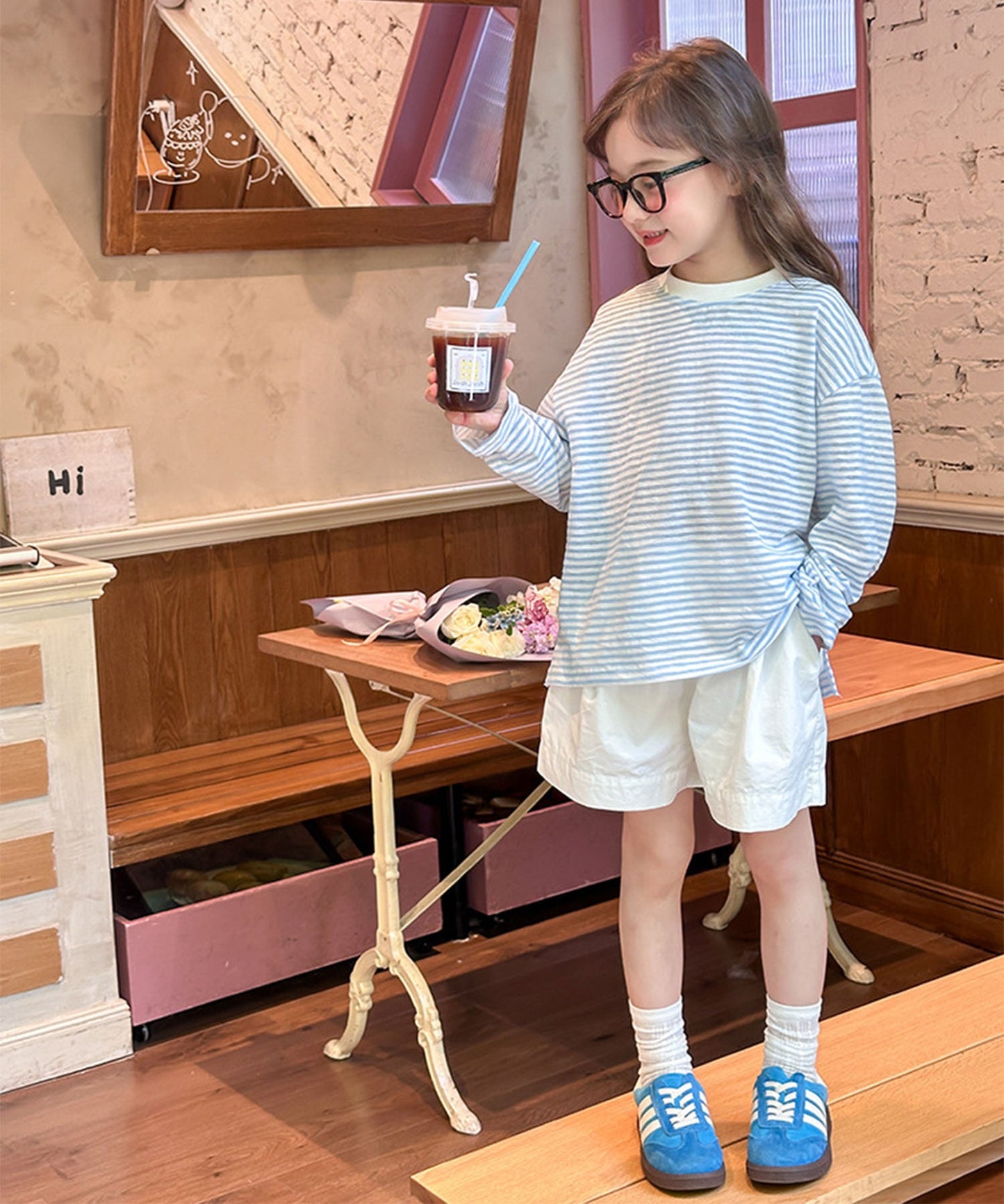 【aimoha-KIDS-】キッズ　シアーボーダーロングTシャツ