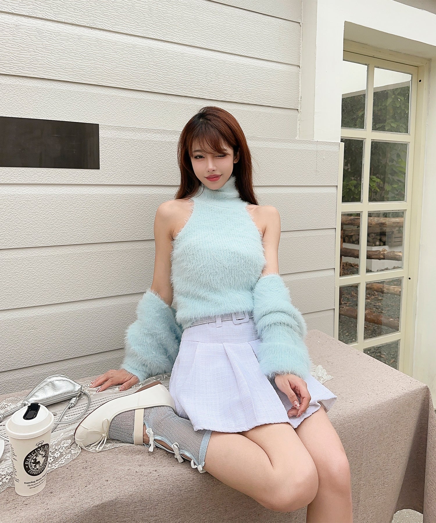 【Jasmine】シャギーニットハイネックベスト＋カーディガン