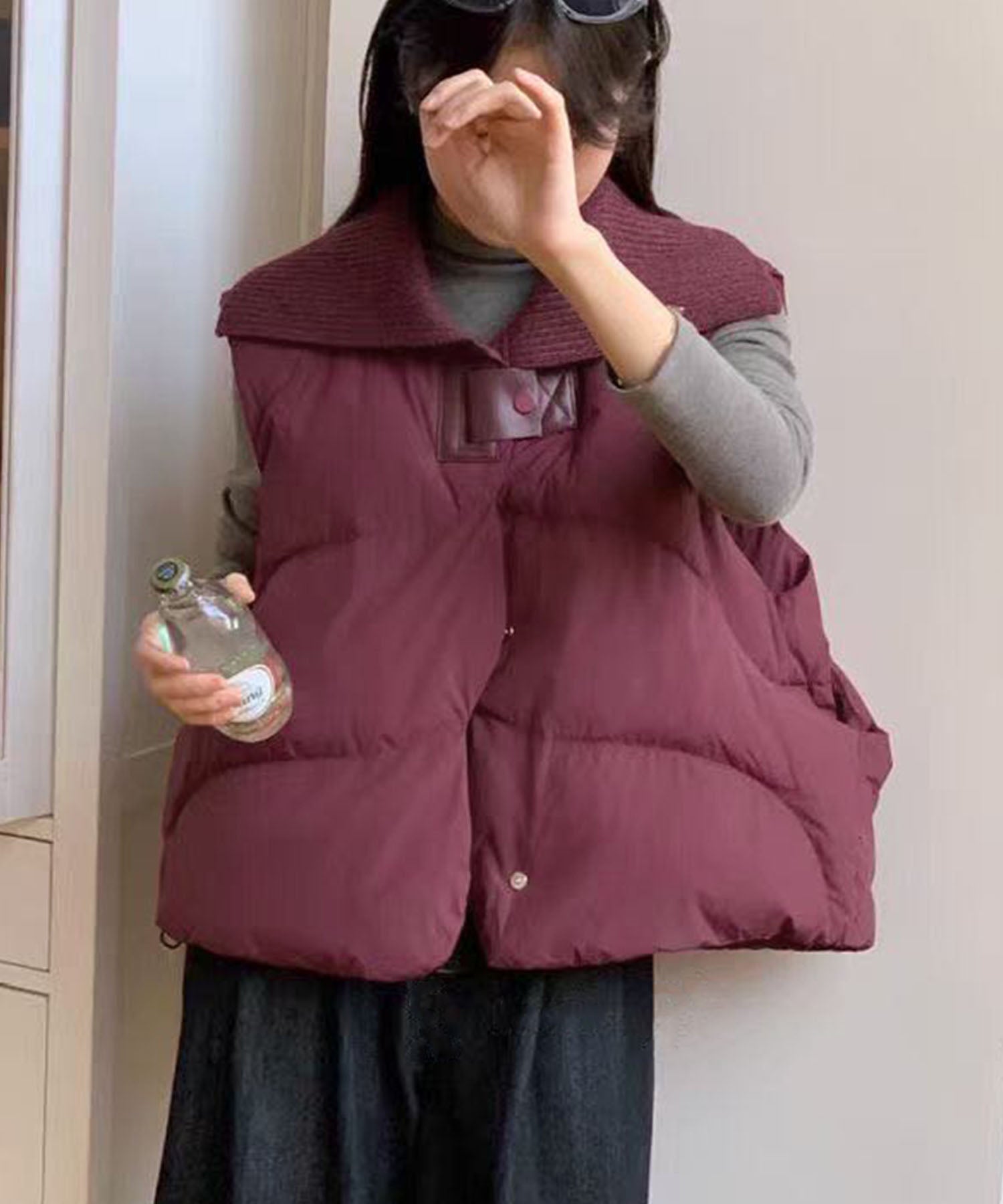 ニット衿ショートダウンベスト