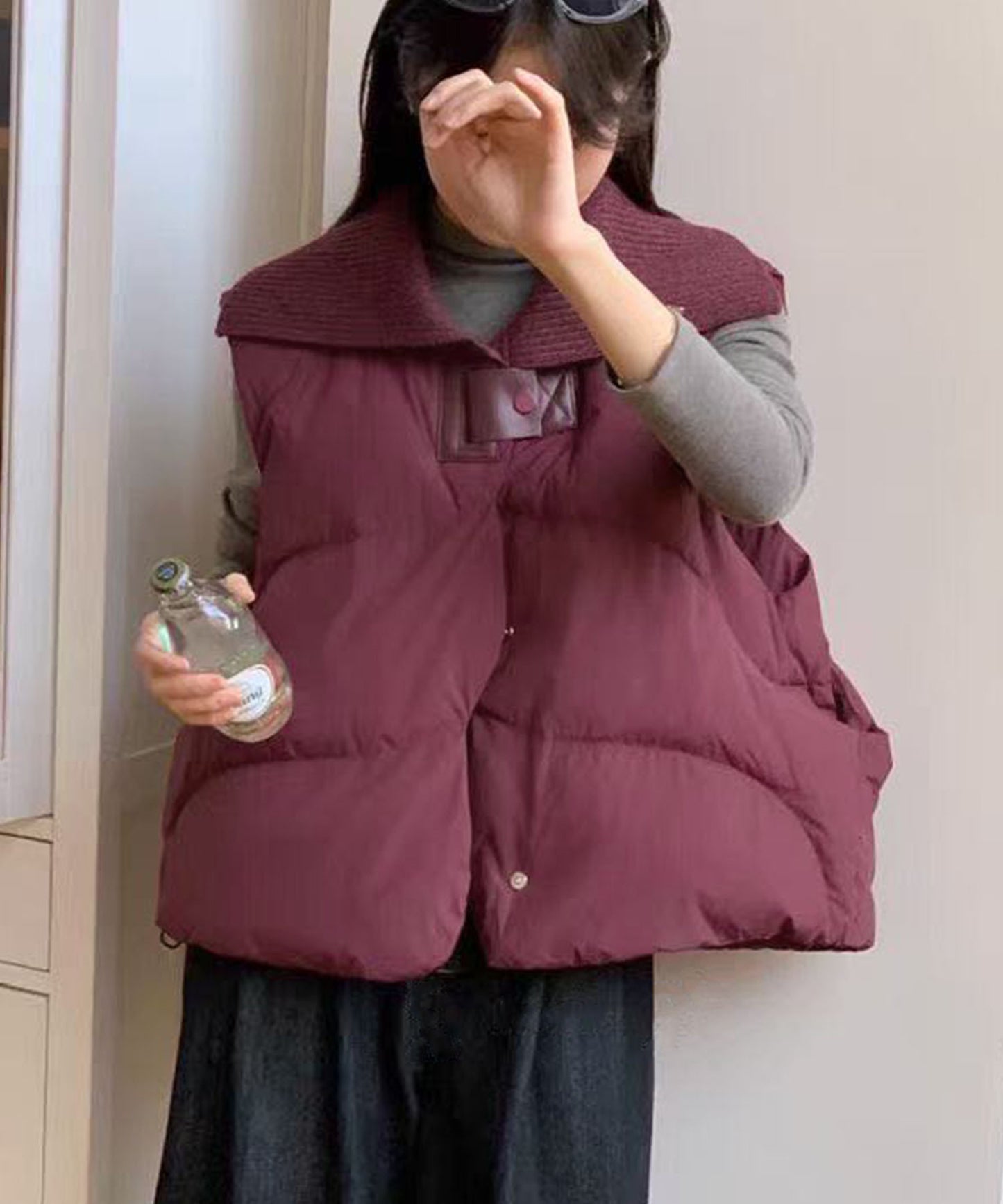 ニット衿ショートダウンベスト