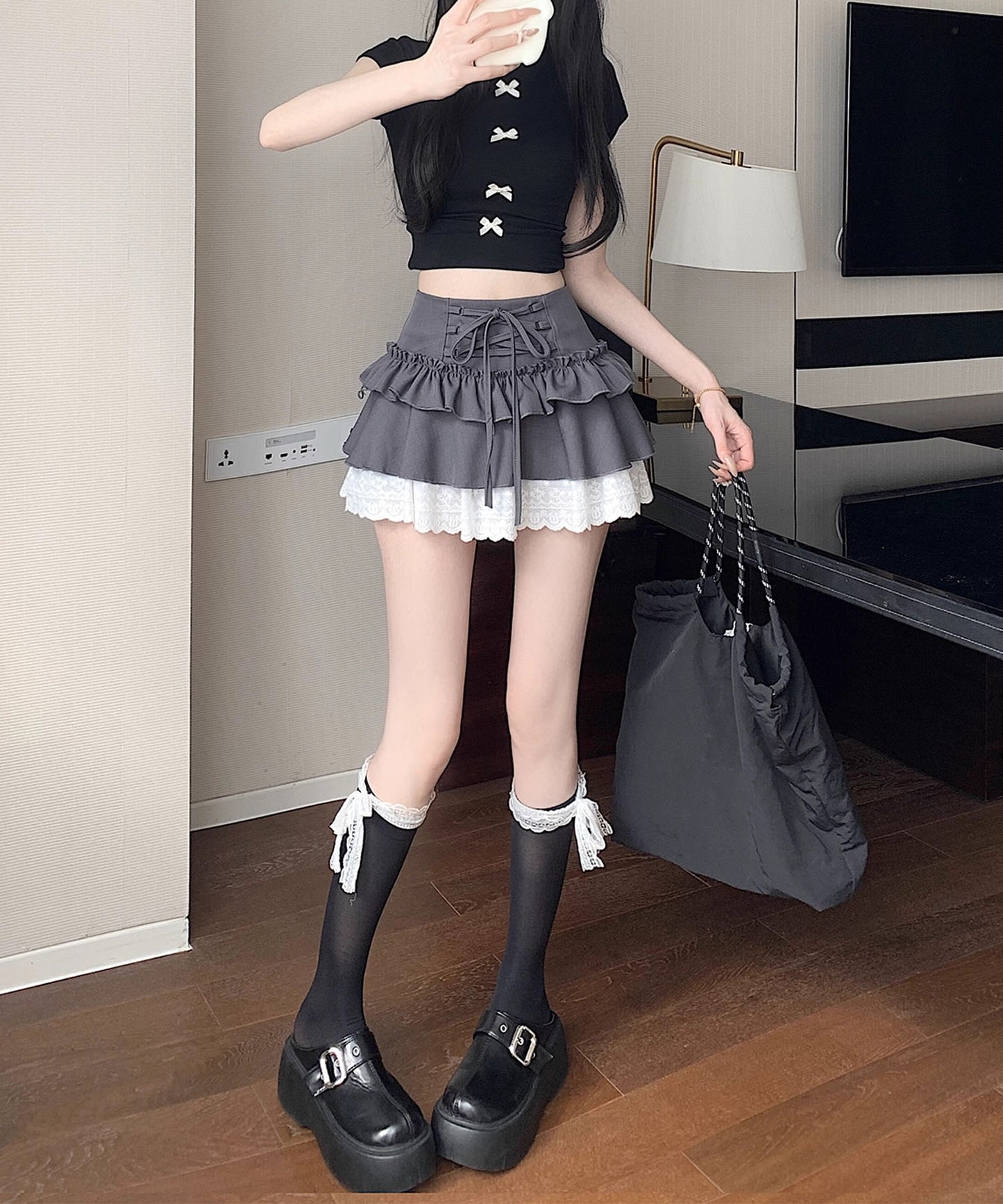 【HOOK】for girls レース切替フリルティアードミニスカート