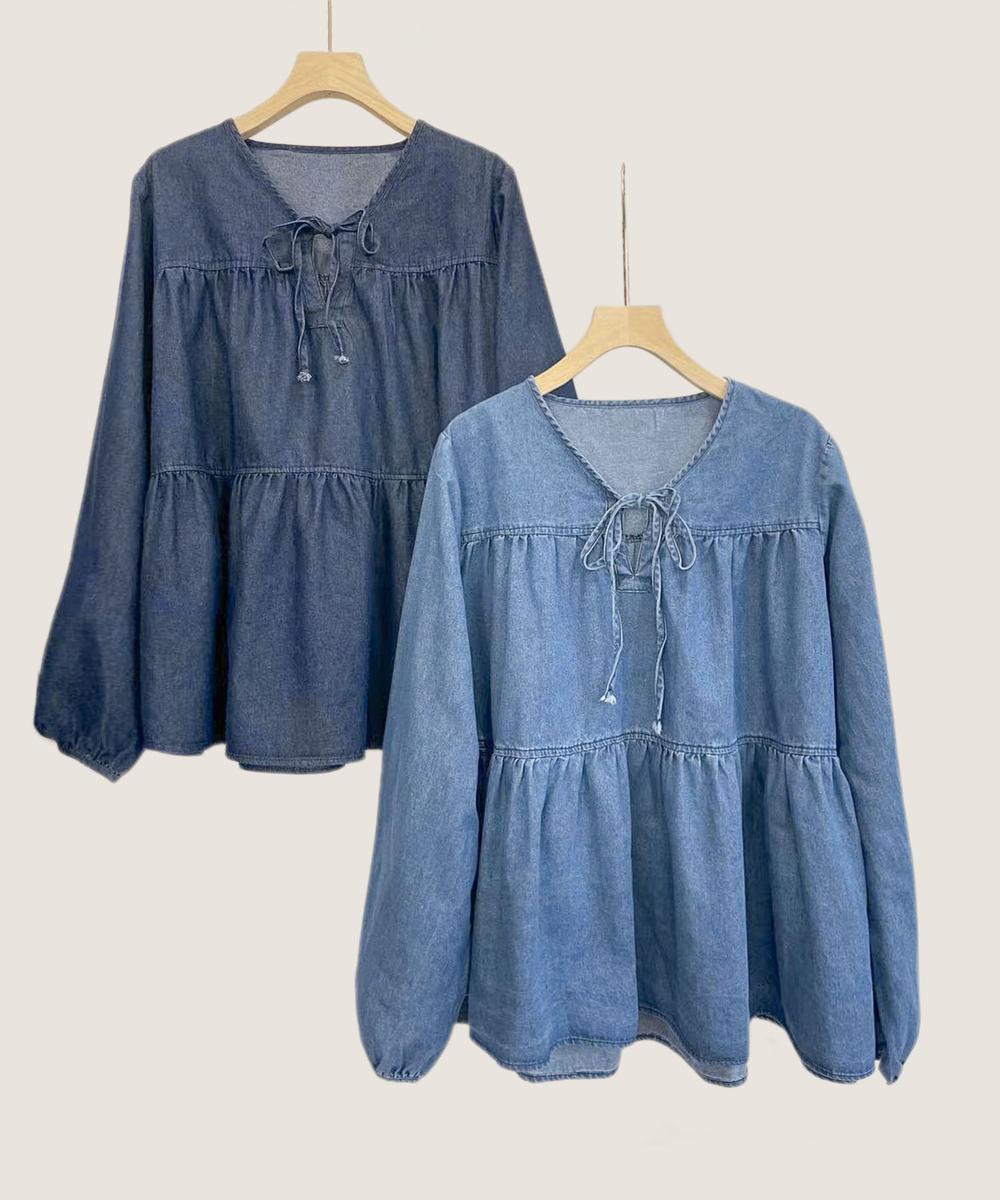 デニムティアードリボンブラウス