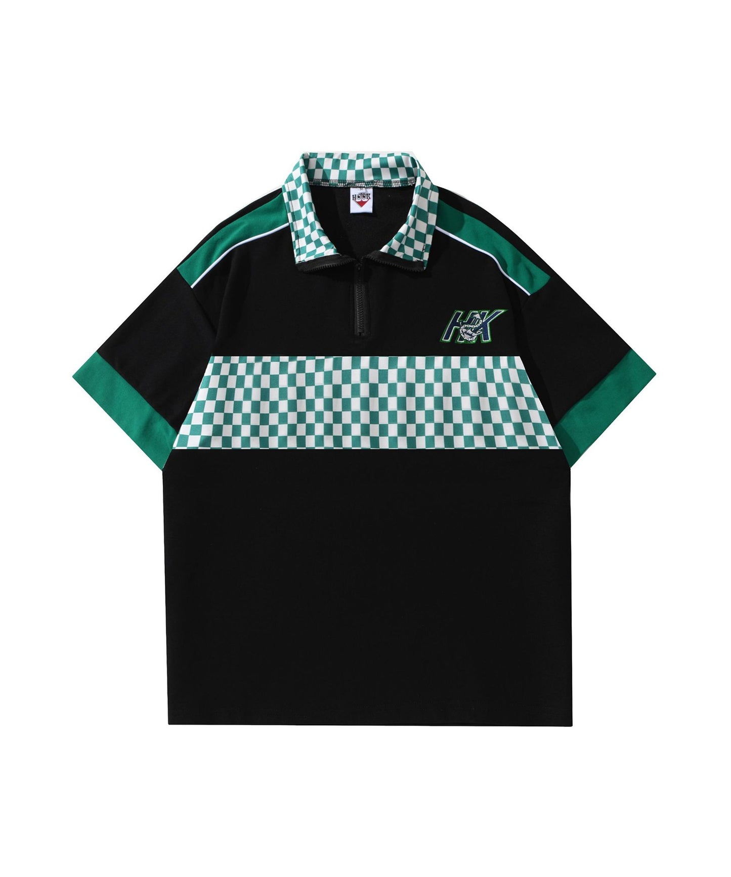 [HOOK -original-] Racing style block check switching short sleeve half zip