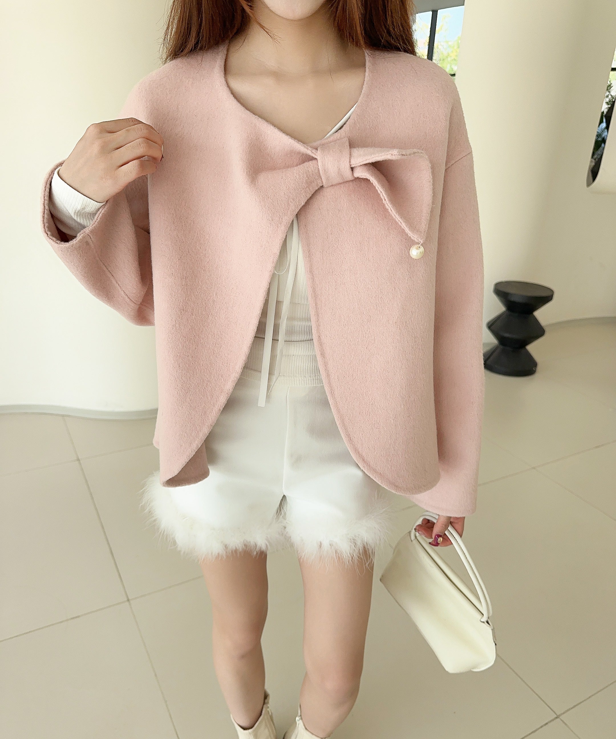 【Jasmine】リボンノーカラーリバーウールコート ショート丈