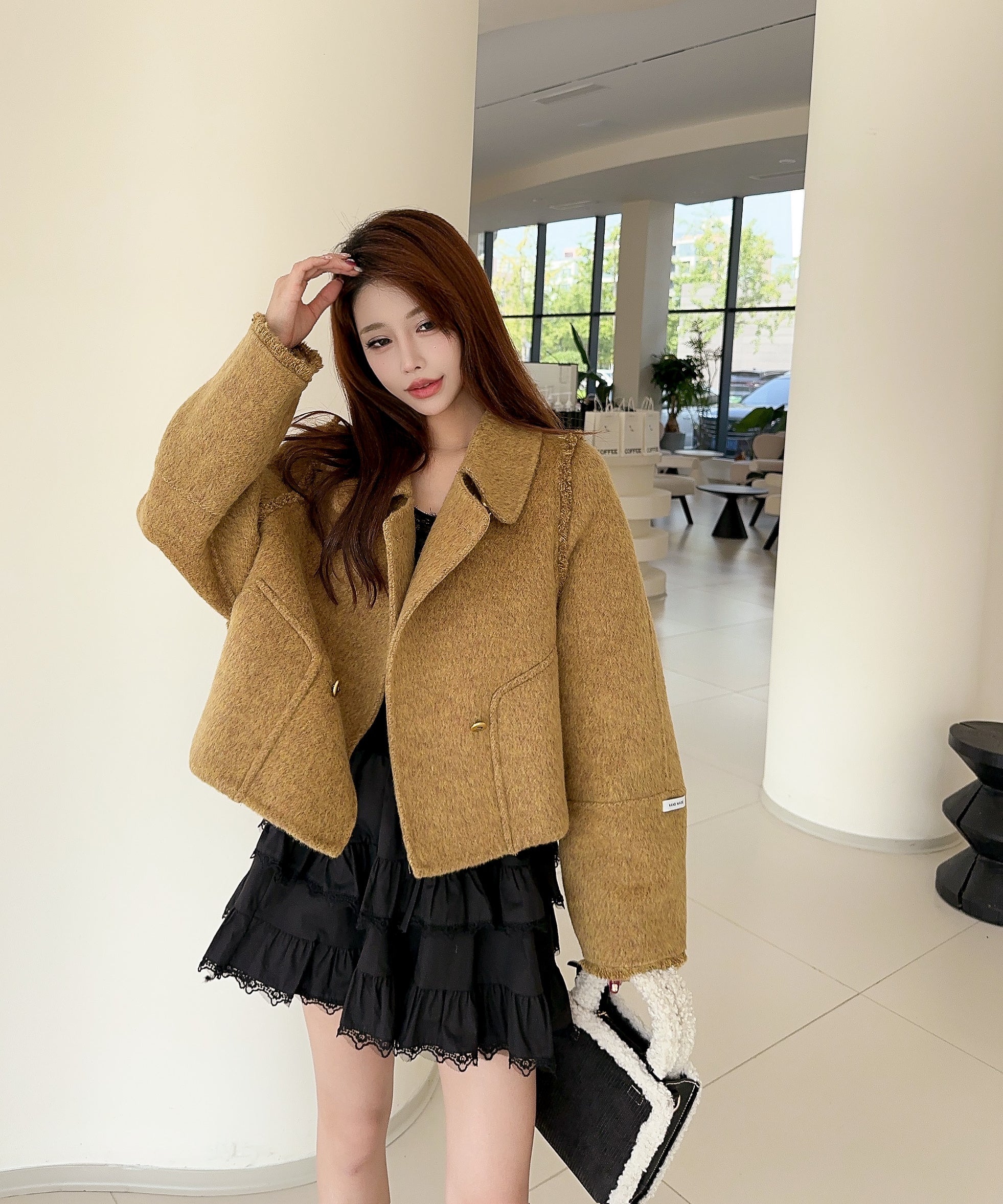 【Jasmine】フリンジリバーウールコート ショート丈