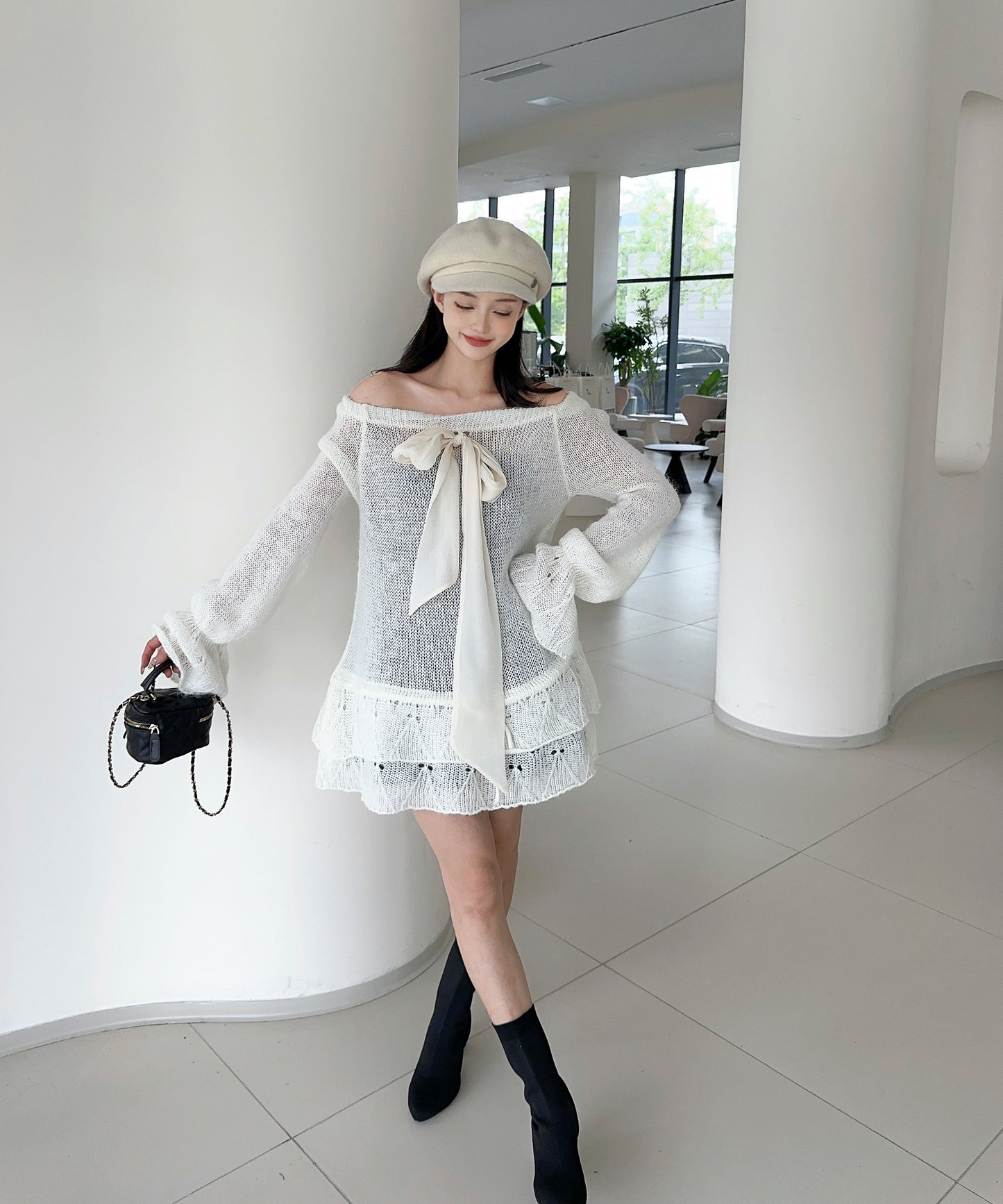 【Jasmine】ワンショルフロントリボンニットワンピース