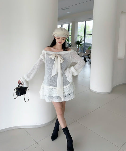 【Jasmine】ワンショルフロントリボンニットワンピース