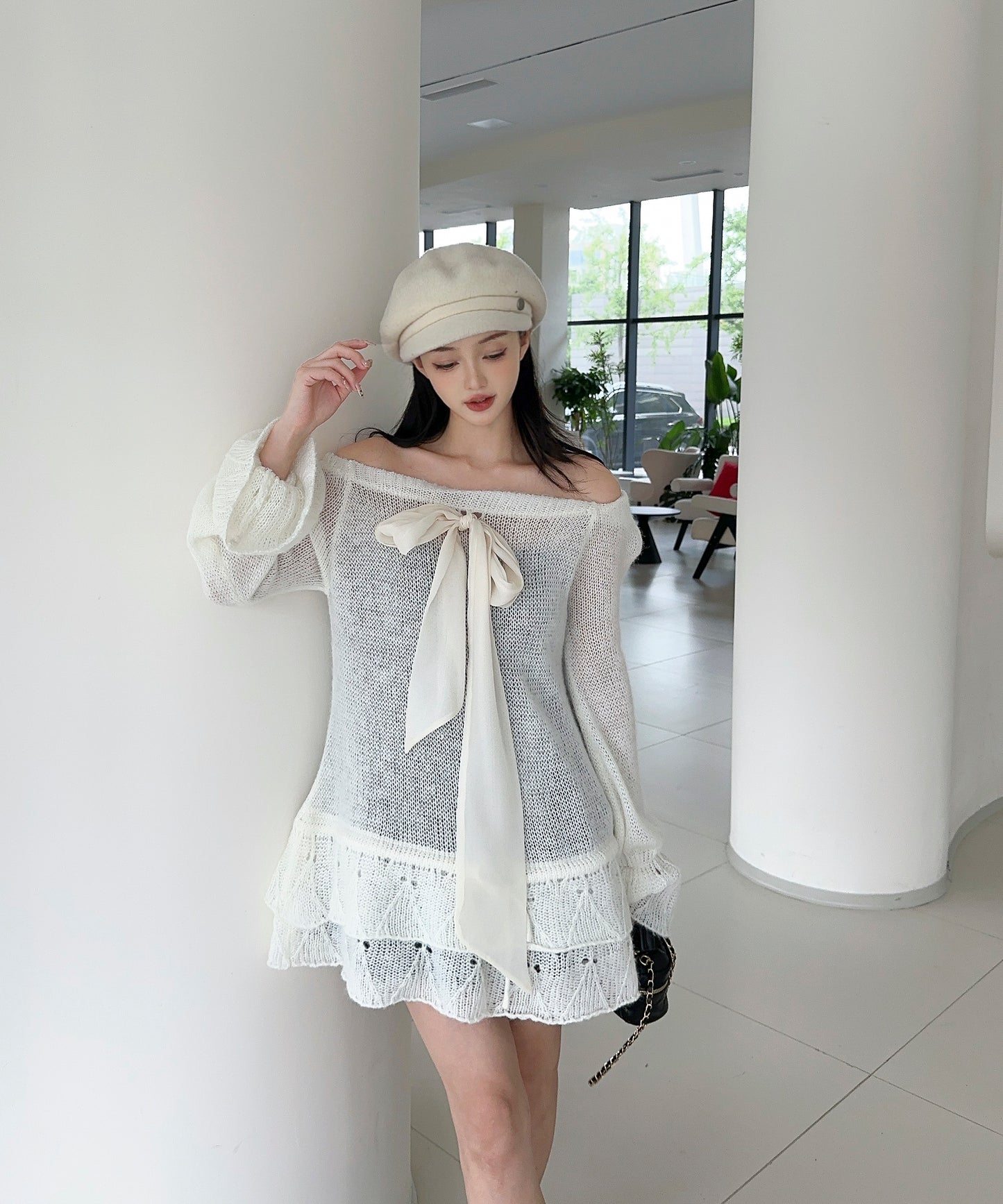 【Jasmine】ワンショルフロントリボンニットワンピース