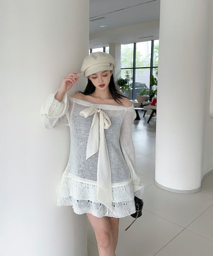 【Jasmine】ワンショルフロントリボンニットワンピース