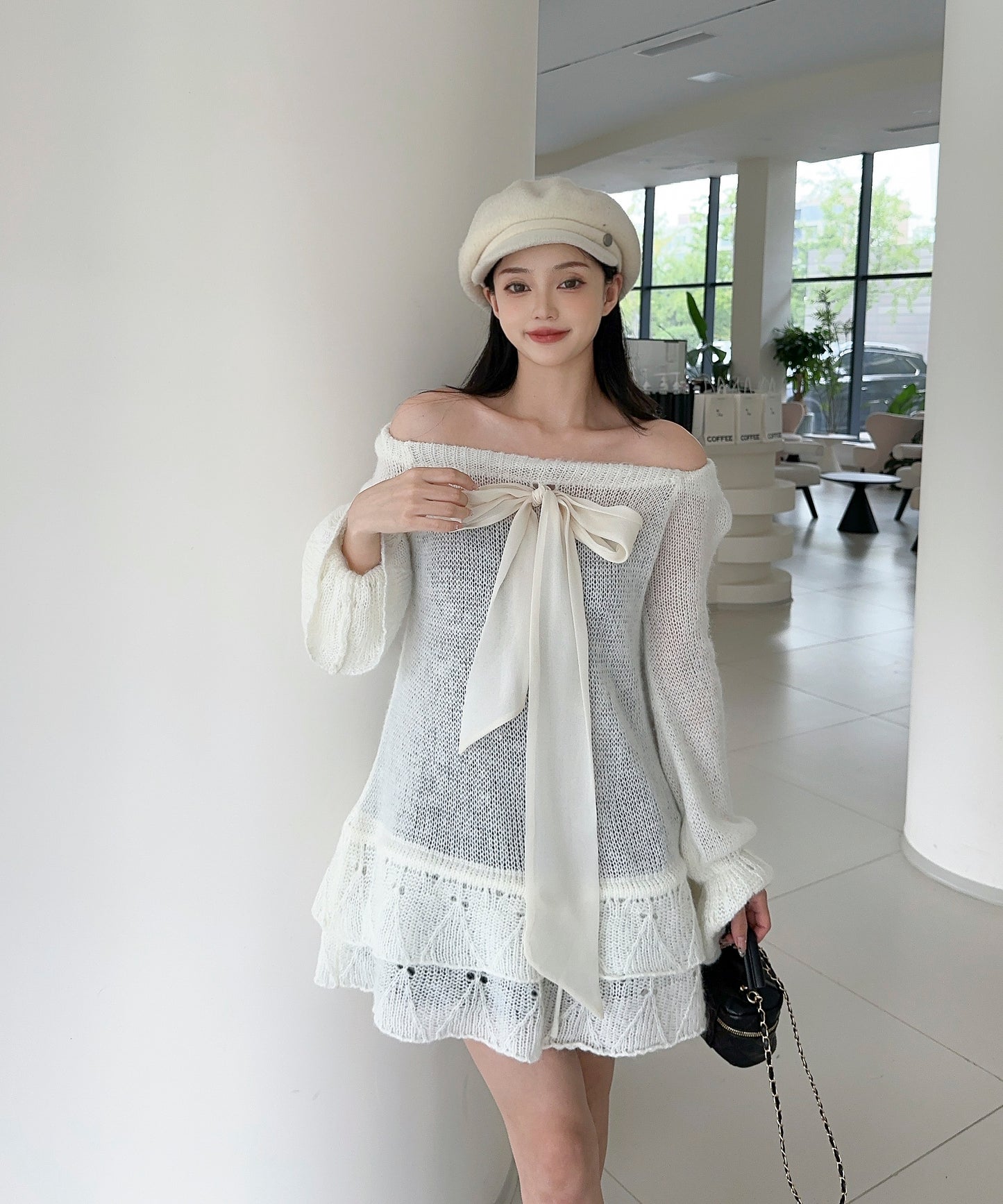 【Jasmine】ワンショルフロントリボンニットワンピース