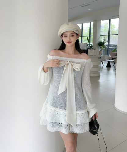 【Jasmine】ワンショルフロントリボンニットワンピース