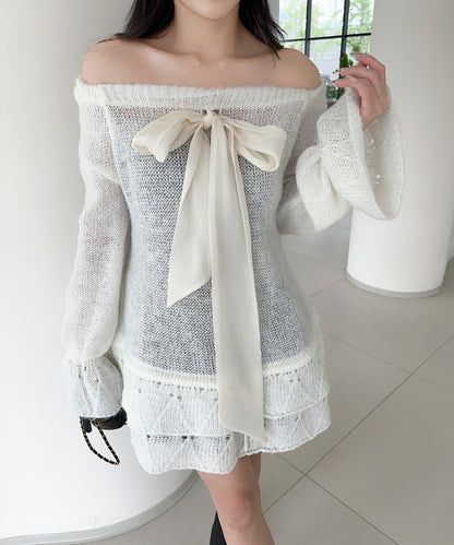 【Jasmine】ワンショルフロントリボンニットワンピース