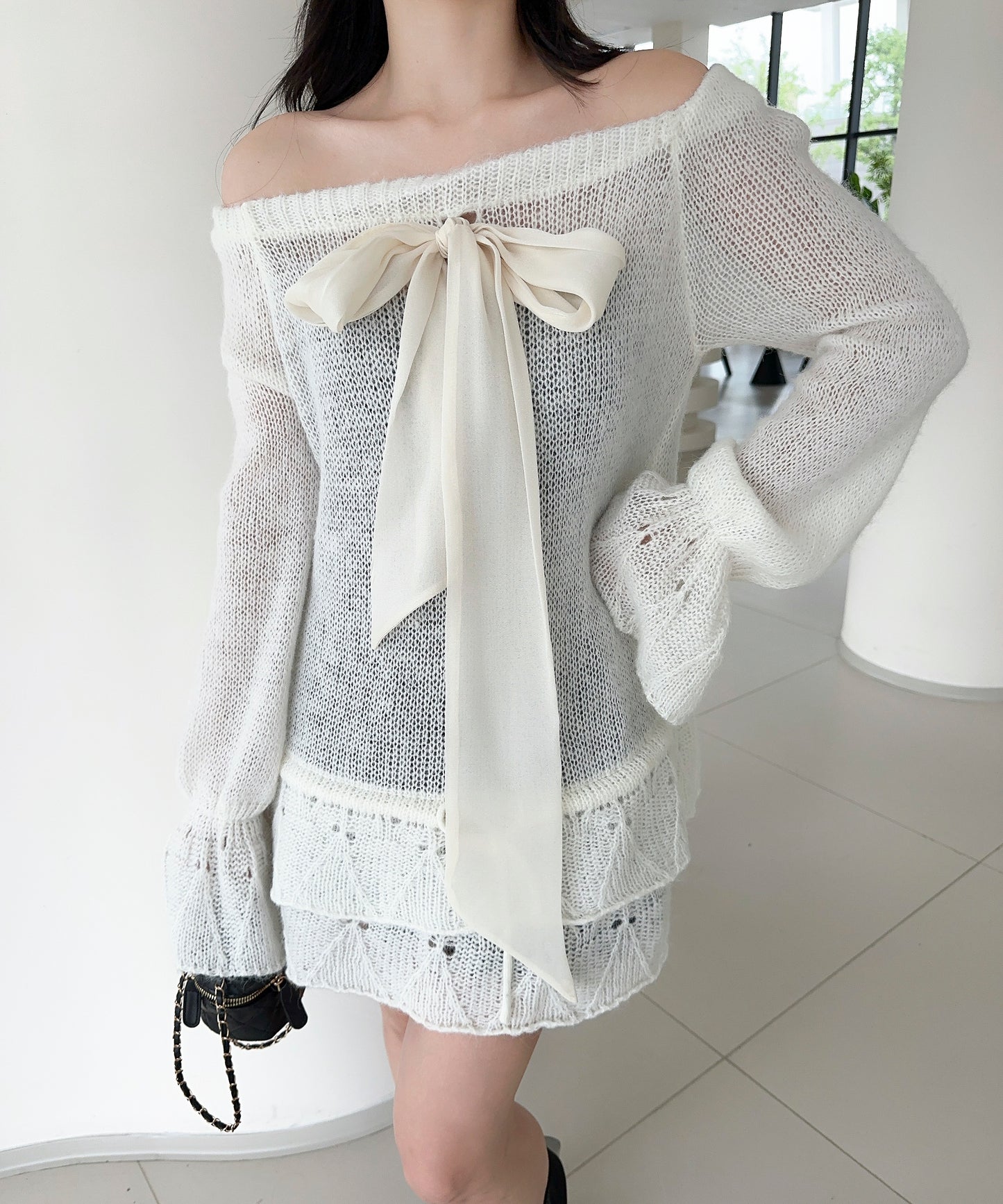 【Jasmine】ワンショルフロントリボンニットワンピース