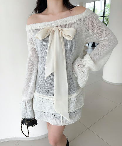 【Jasmine】ワンショルフロントリボンニットワンピース