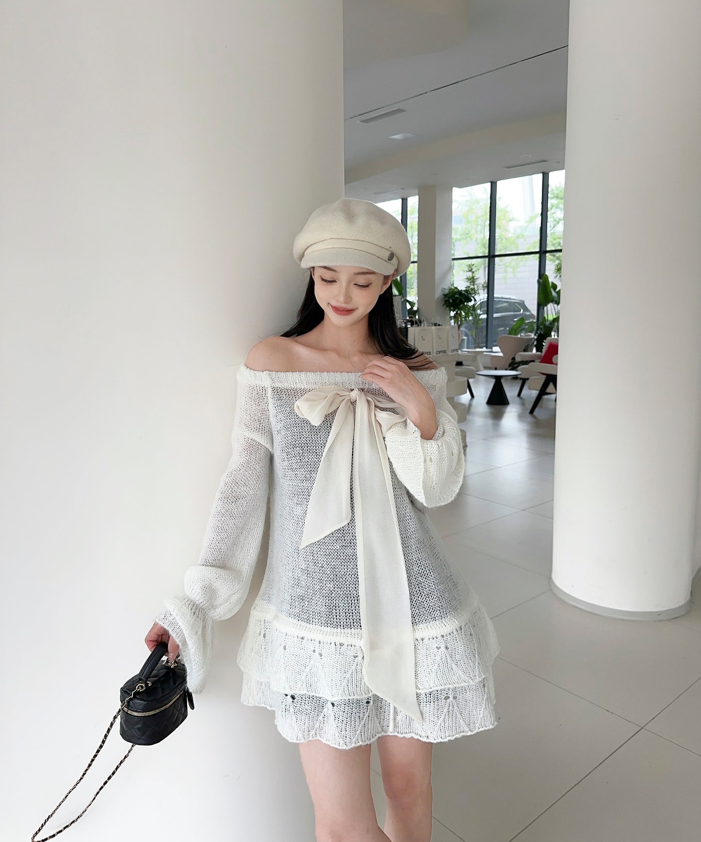 【Jasmine】ワンショルフロントリボンニットワンピース