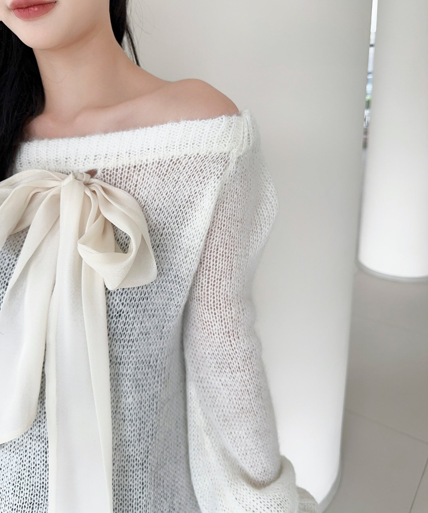 【Jasmine】ワンショルフロントリボンニットワンピース