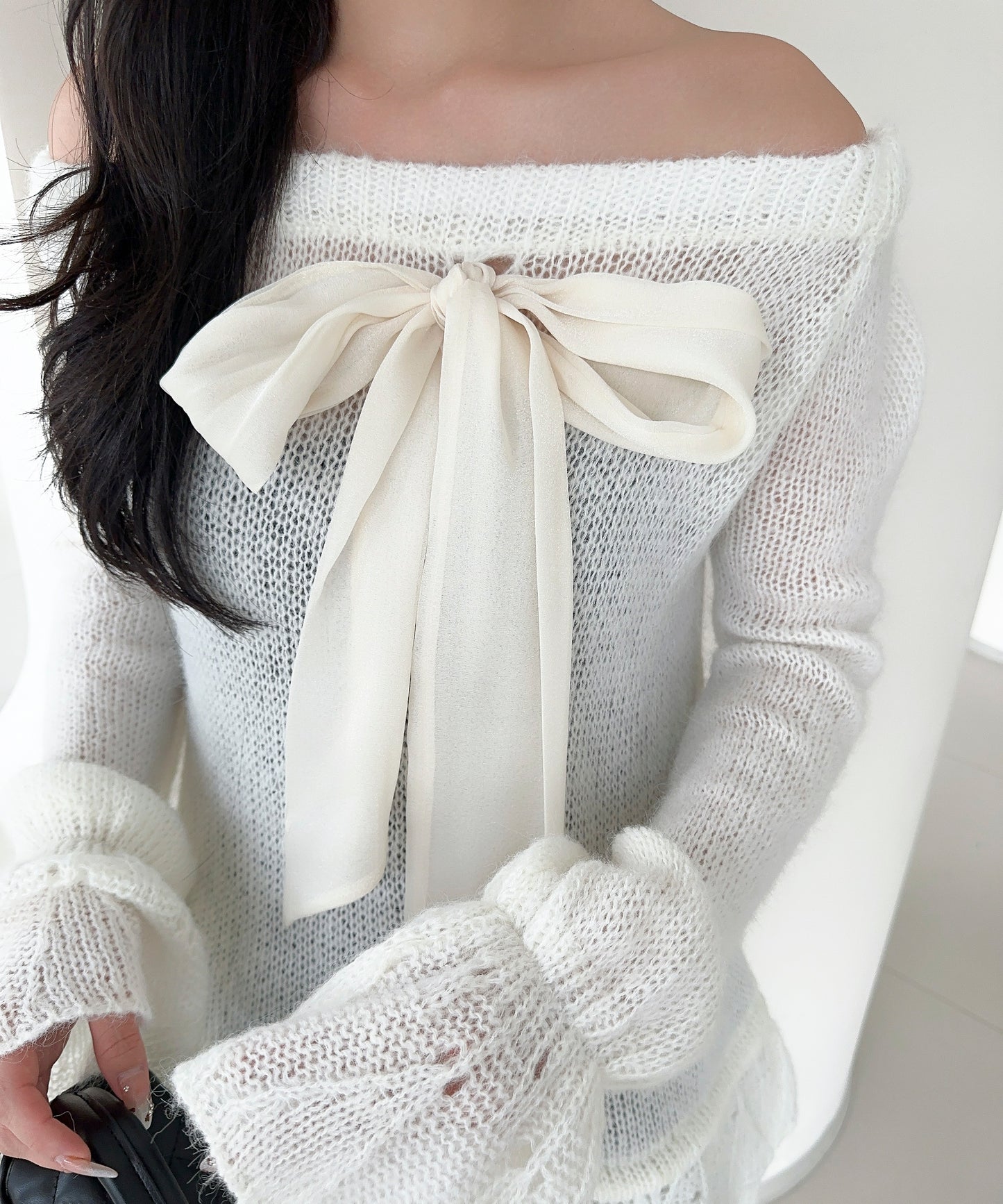 【Jasmine】ワンショルフロントリボンニットワンピース