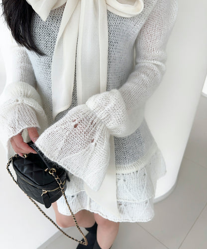 【Jasmine】ワンショルフロントリボンニットワンピース