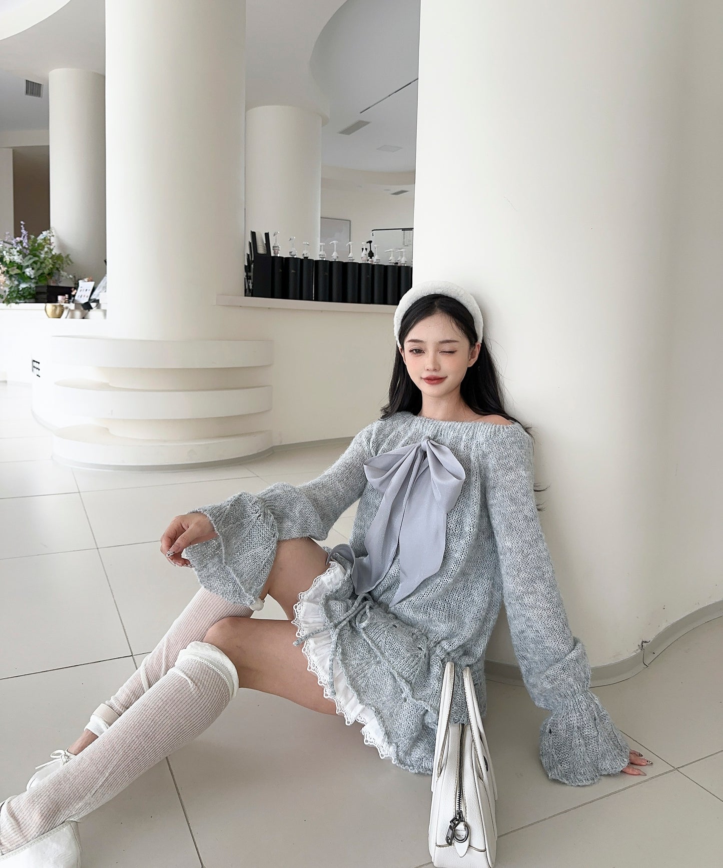 【Jasmine】ワンショルフロントリボンニットワンピース