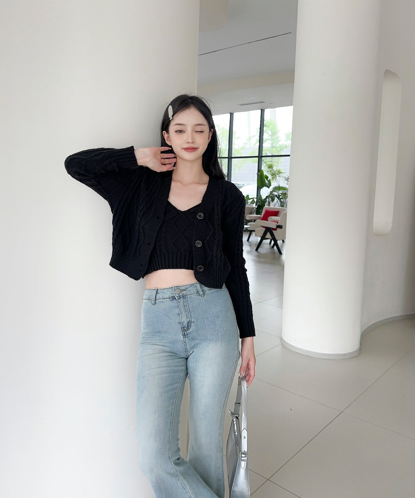 【Jasmine】ケーブル編みニットカーディガン+ニットキャミソール