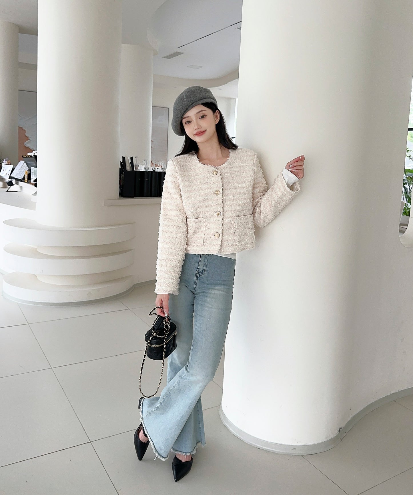 【Jasmine】フリンジノーカラージャケット