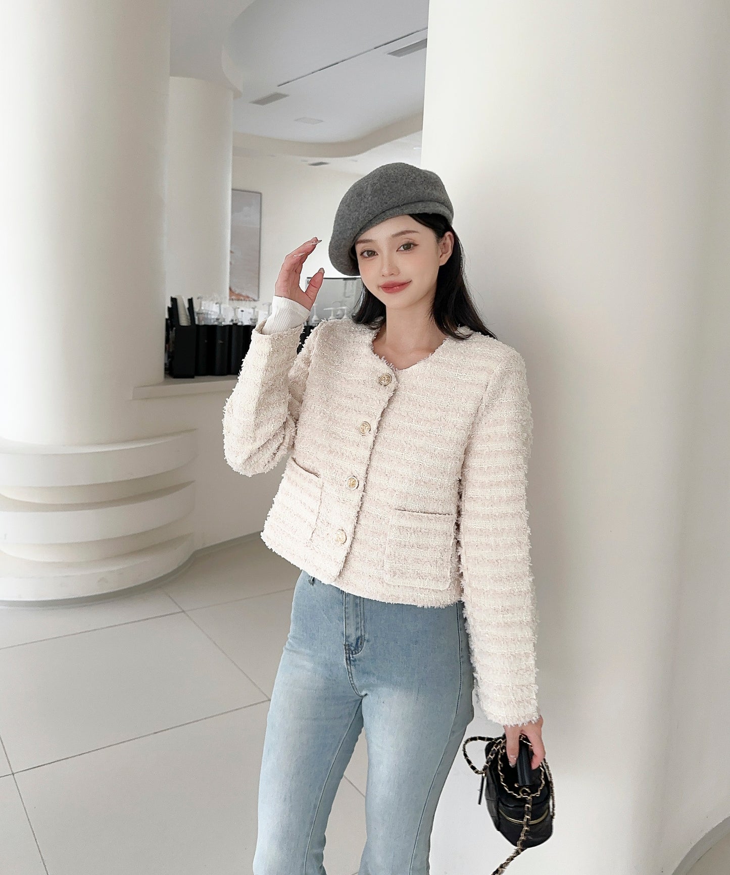 【Jasmine】フリンジノーカラージャケット