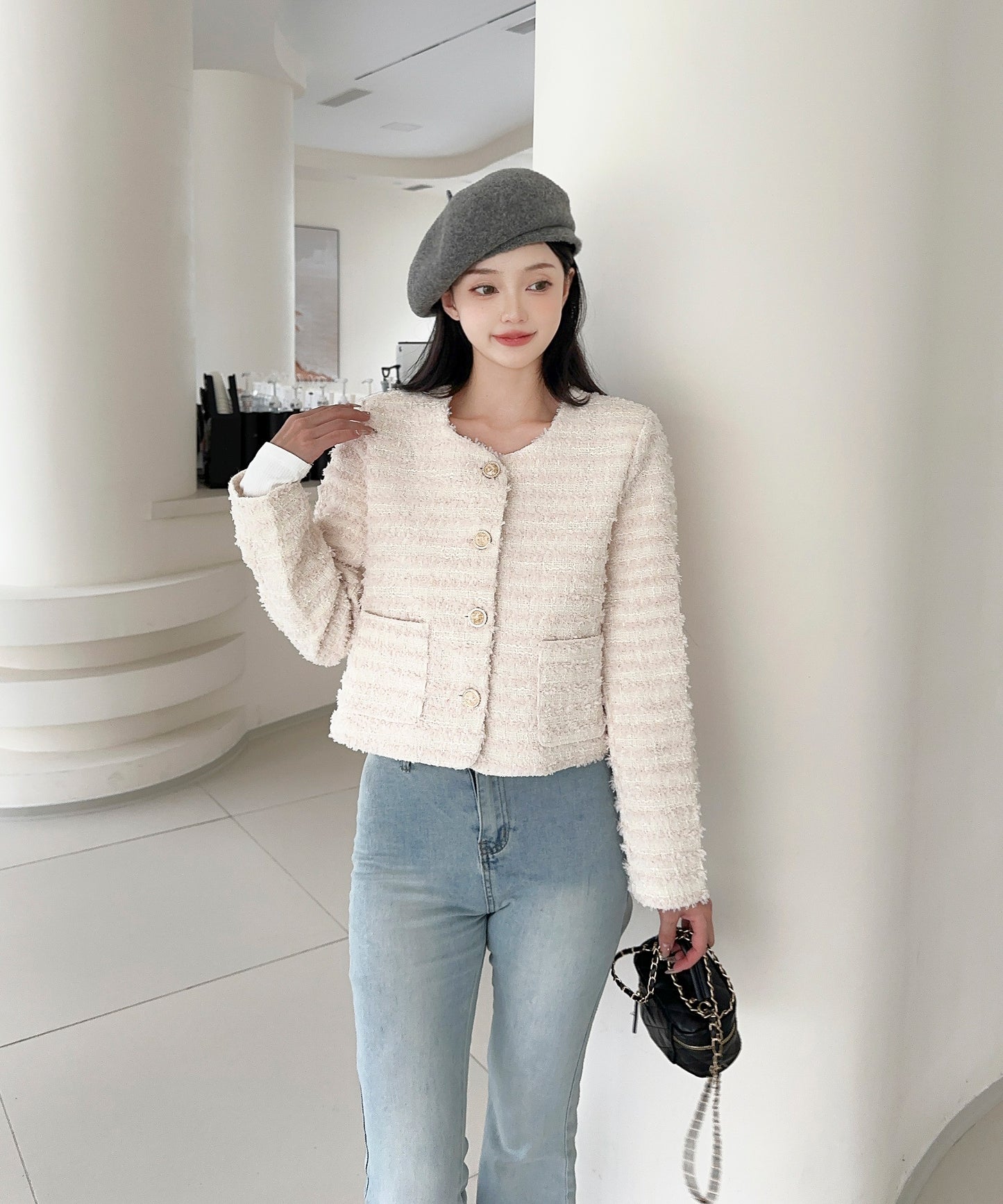 【Jasmine】フリンジノーカラージャケット