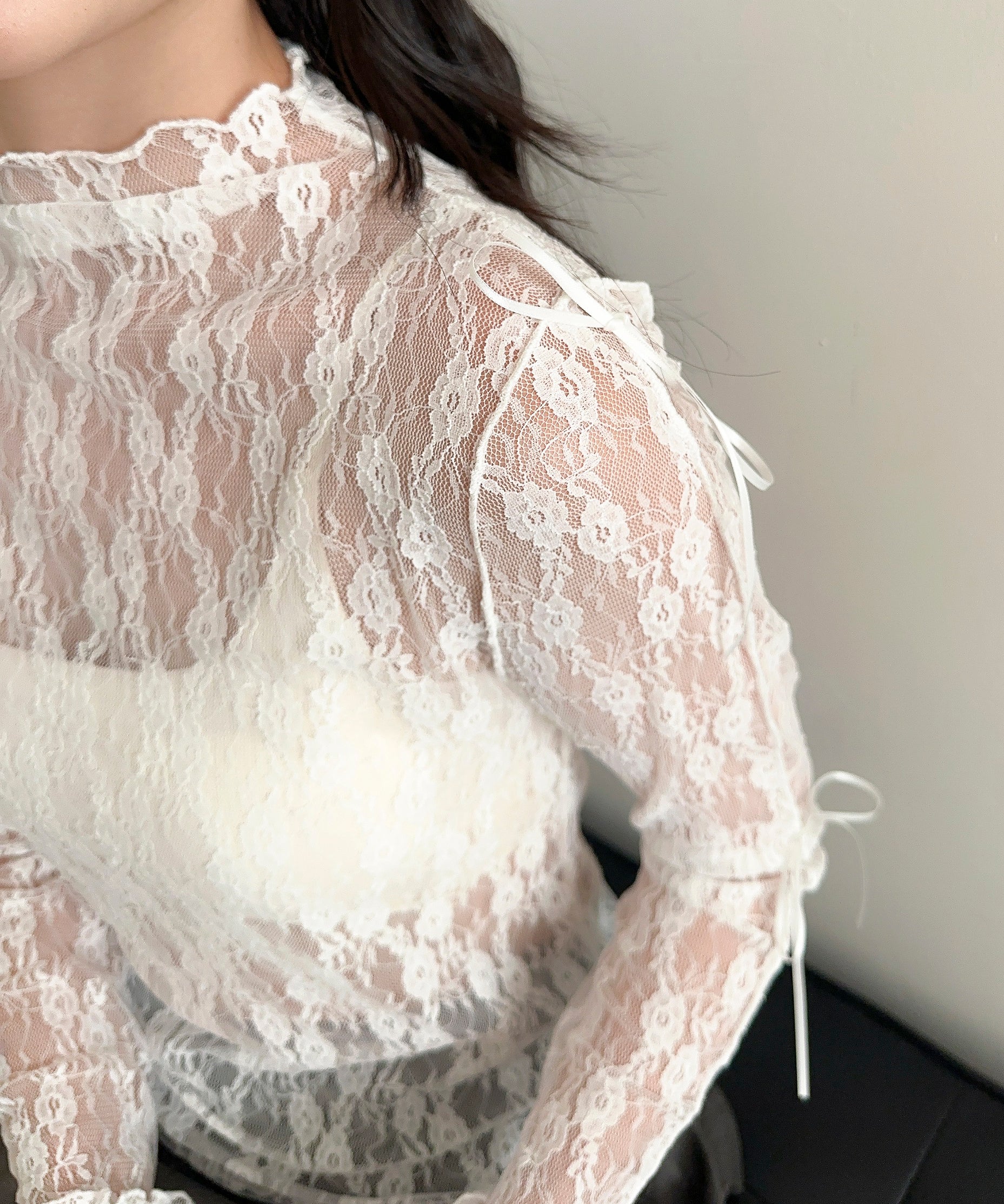 【Jasmine】袖リボンメロウシアーレースインナートップス